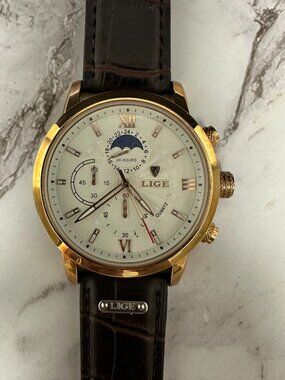 Lige Chronograph Watch Rose Gold Tone 43MM Brown Leather Band New Battery